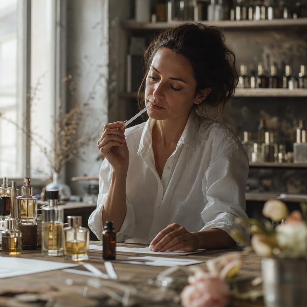A perfumer's organ with amber bottles, pipettes, and blotters